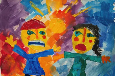 Abstract Child Painting Of Two Figures Under A Sun