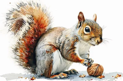 Watercolor Illustration Of A Squirrel Holding A Walnut