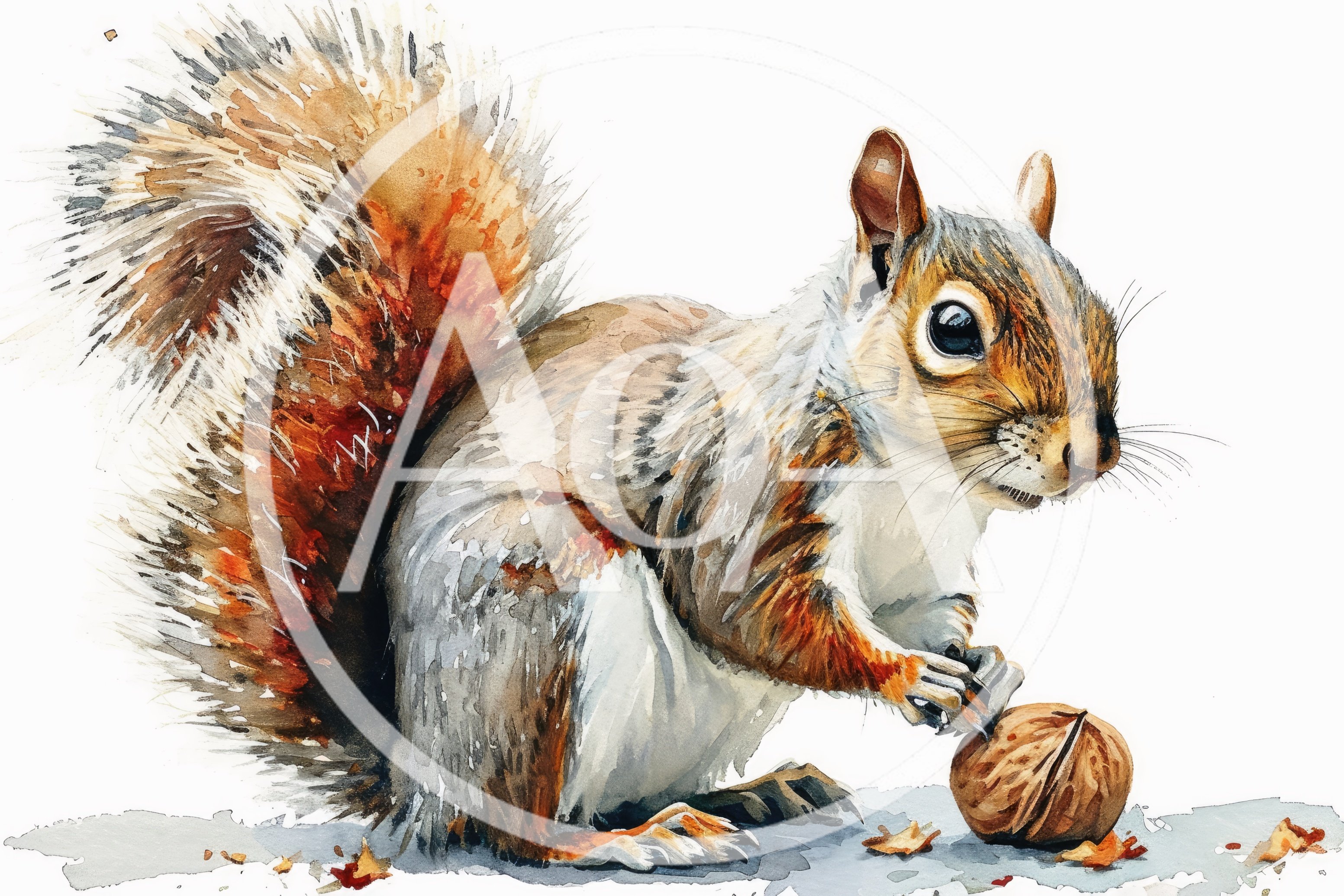 Watercolor Illustration Of A Squirrel Holding A Walnut