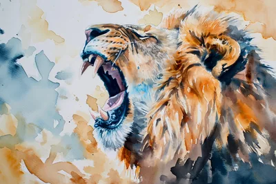 Watercolor Painting Of A Roaring Lion