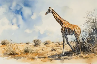 Watercolor Painting Of A Giraffe In The African Savanna
