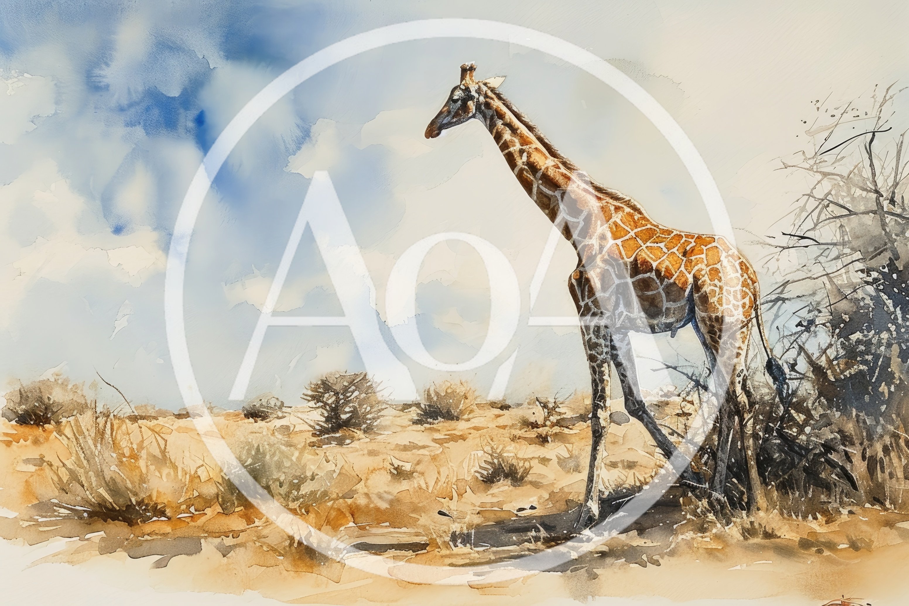 Watercolor Painting Of A Giraffe In The African Savanna