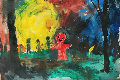 Childhood Painting Of A Red Figure In A Forest