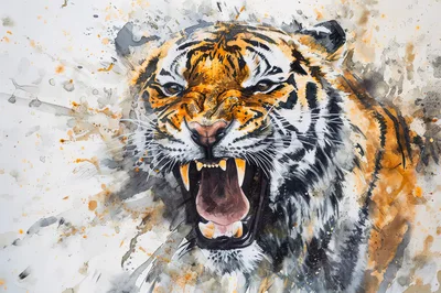 Watercolor Painting Of A Roaring Tiger Head