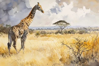 Watercolor Painting Of A Giraffe In The African Savanna