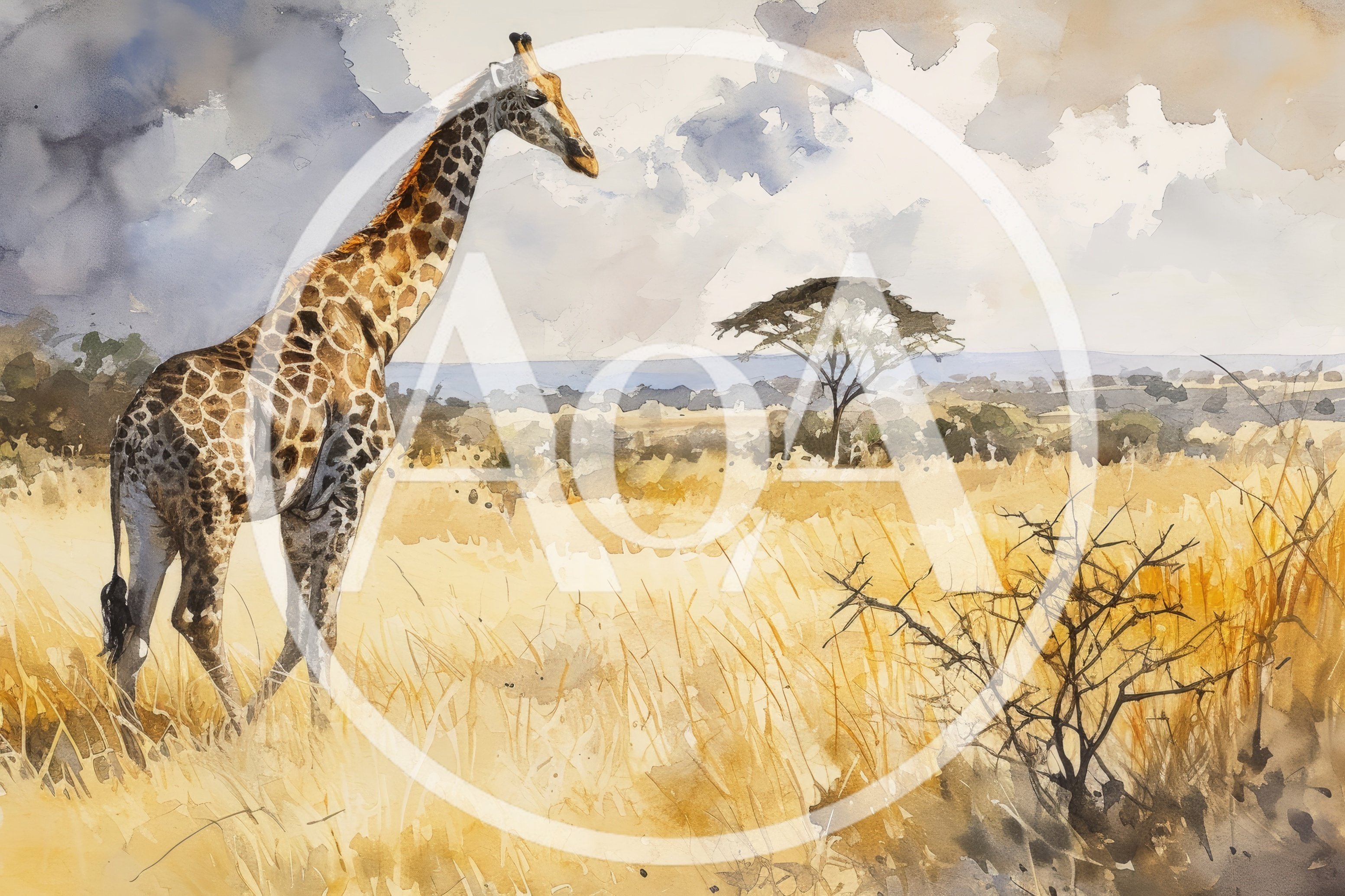 Watercolor Painting Of A Giraffe In The African Savanna