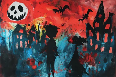Abstract Halloween Illustration With Spooky Silhouettes And Moon