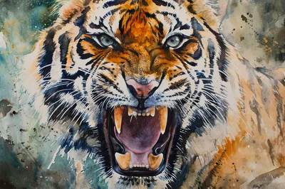 Watercolor Painting Of A Roaring Tiger Face