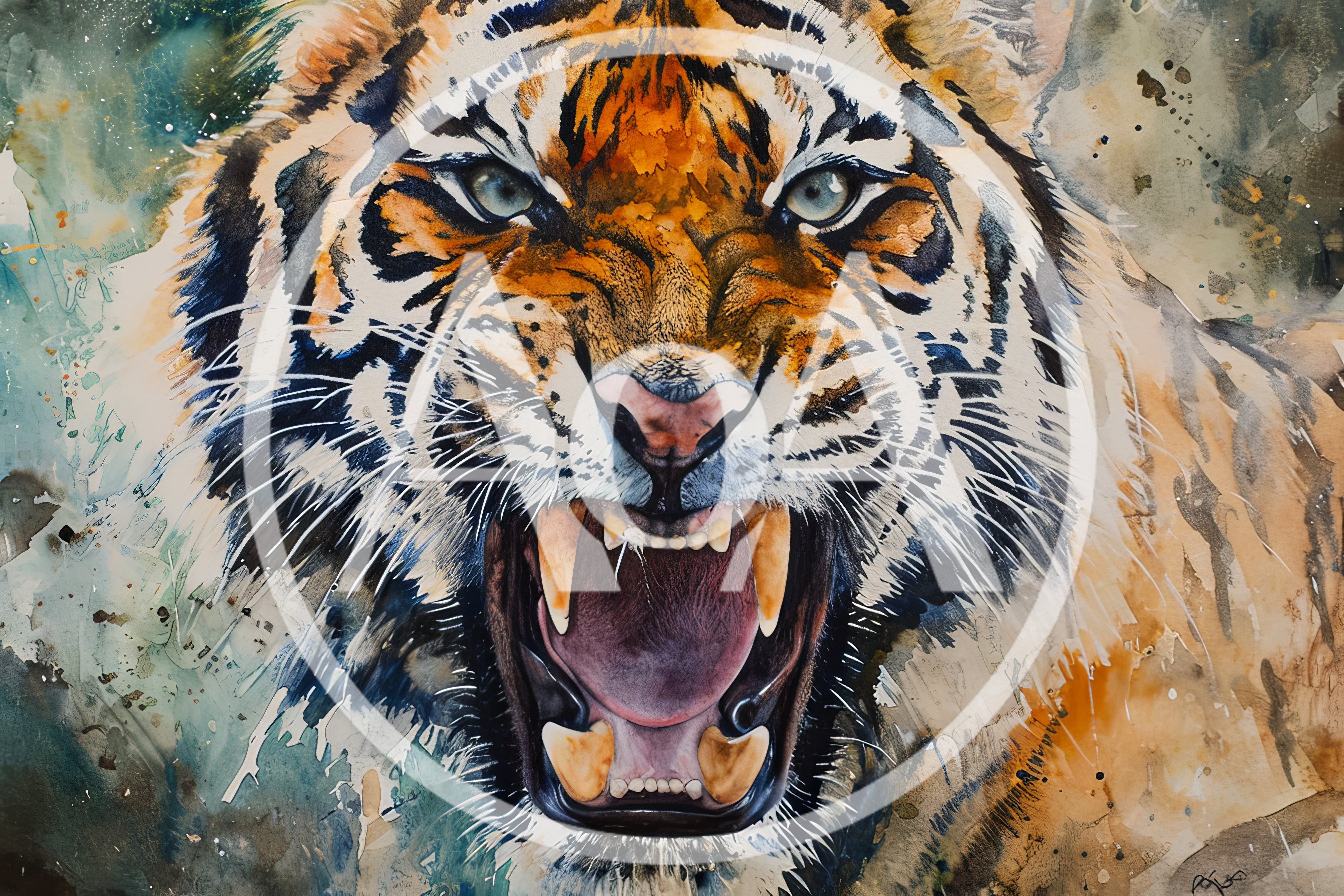 Watercolor Painting Of A Roaring Tiger Face