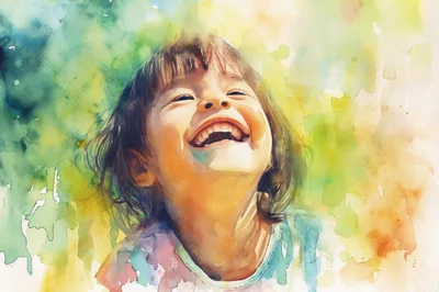 Watercolor Portrait Of A Joyful Laughing Child