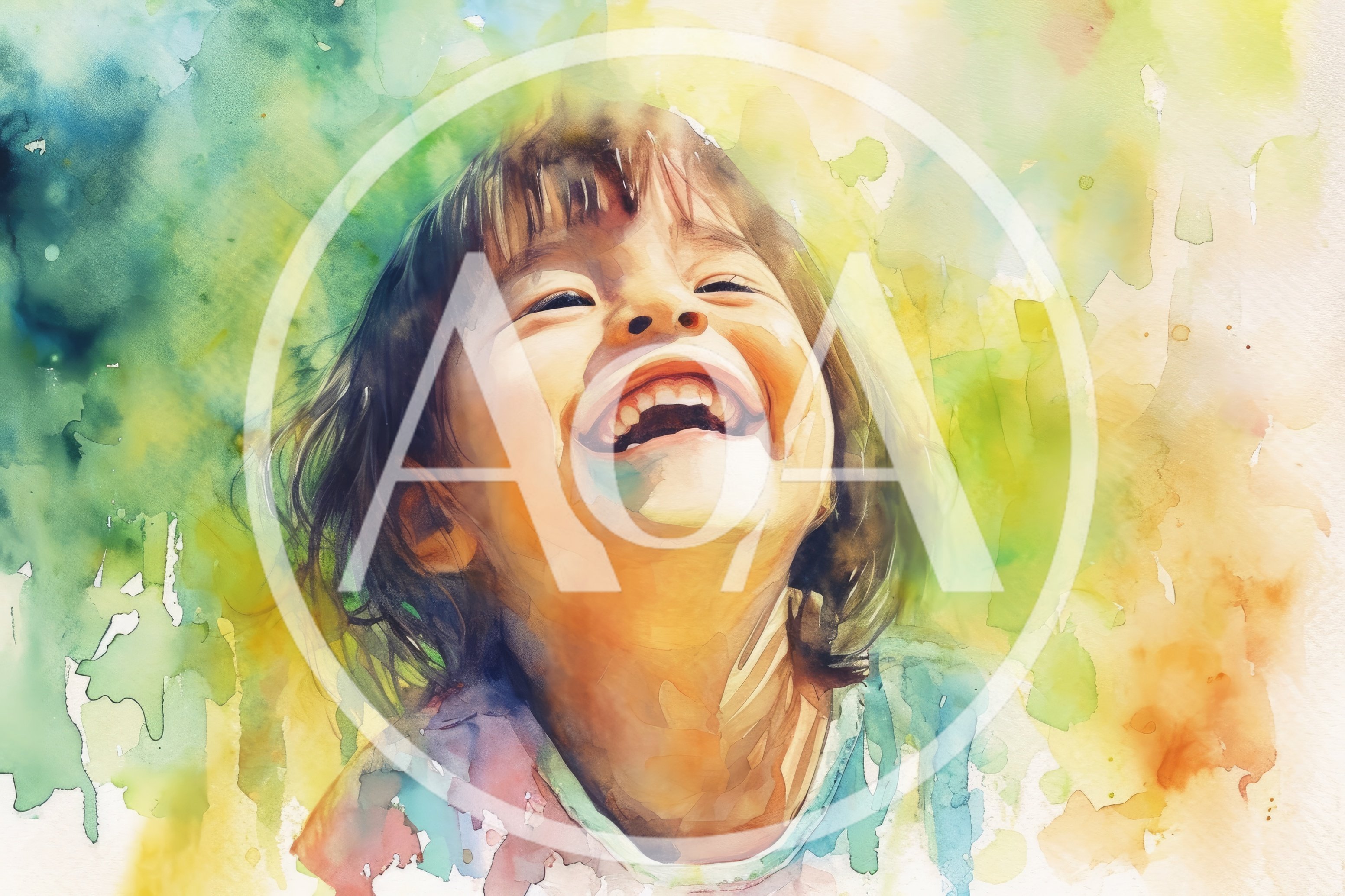 Watercolor Portrait Of A Joyful Laughing Child