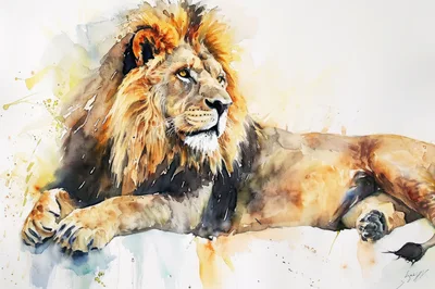 Watercolor Painting Of A Majestic Resting Lion