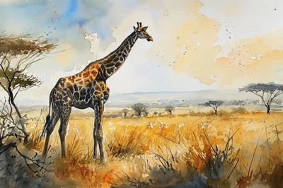 Watercolor Painting Of A Giraffe In The African Savanna