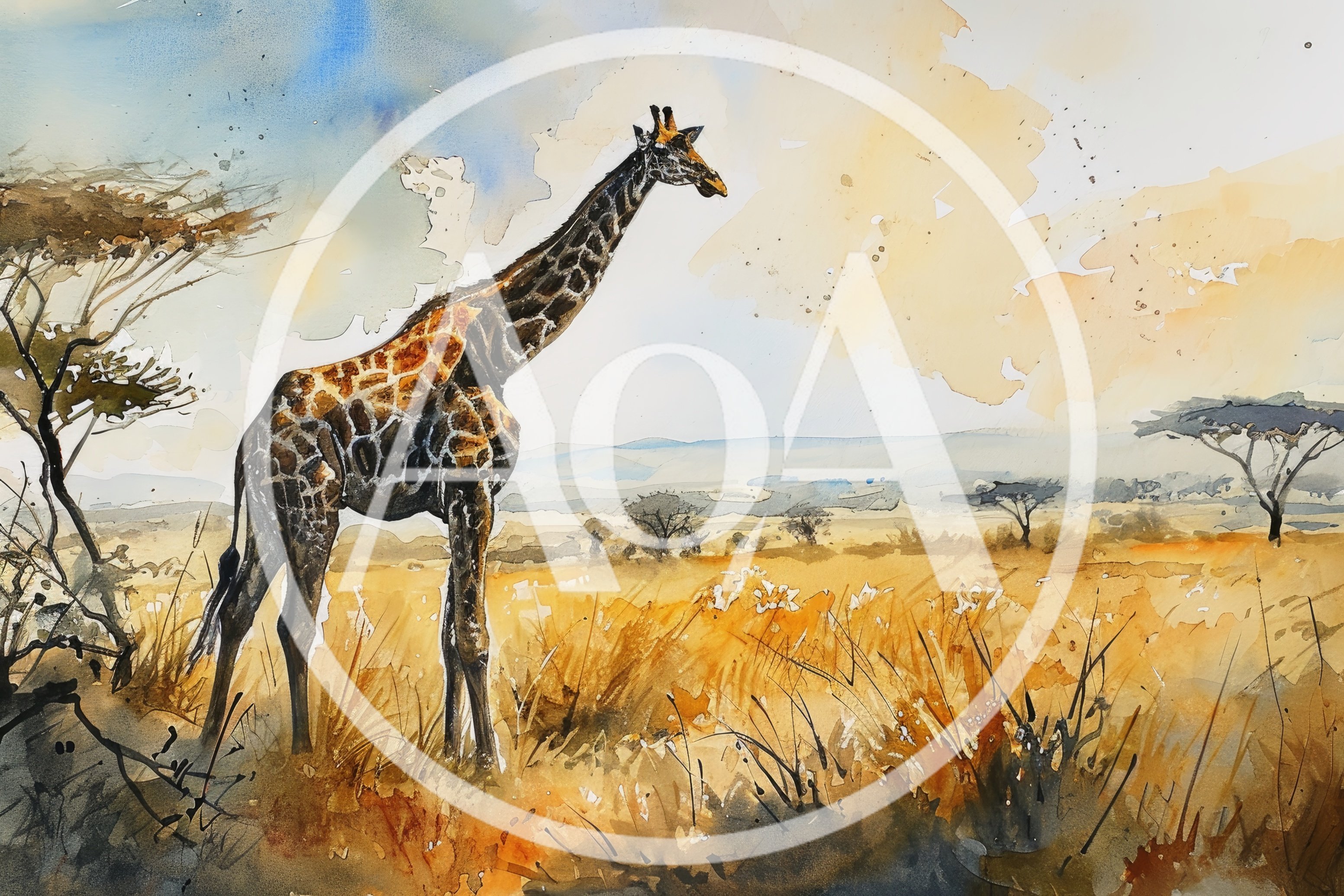Watercolor Painting Of A Giraffe In The African Savanna