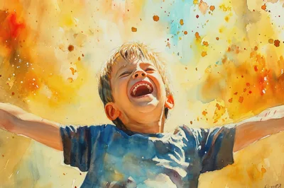 Watercolor Illustration Of A Joyful Boy Laughing