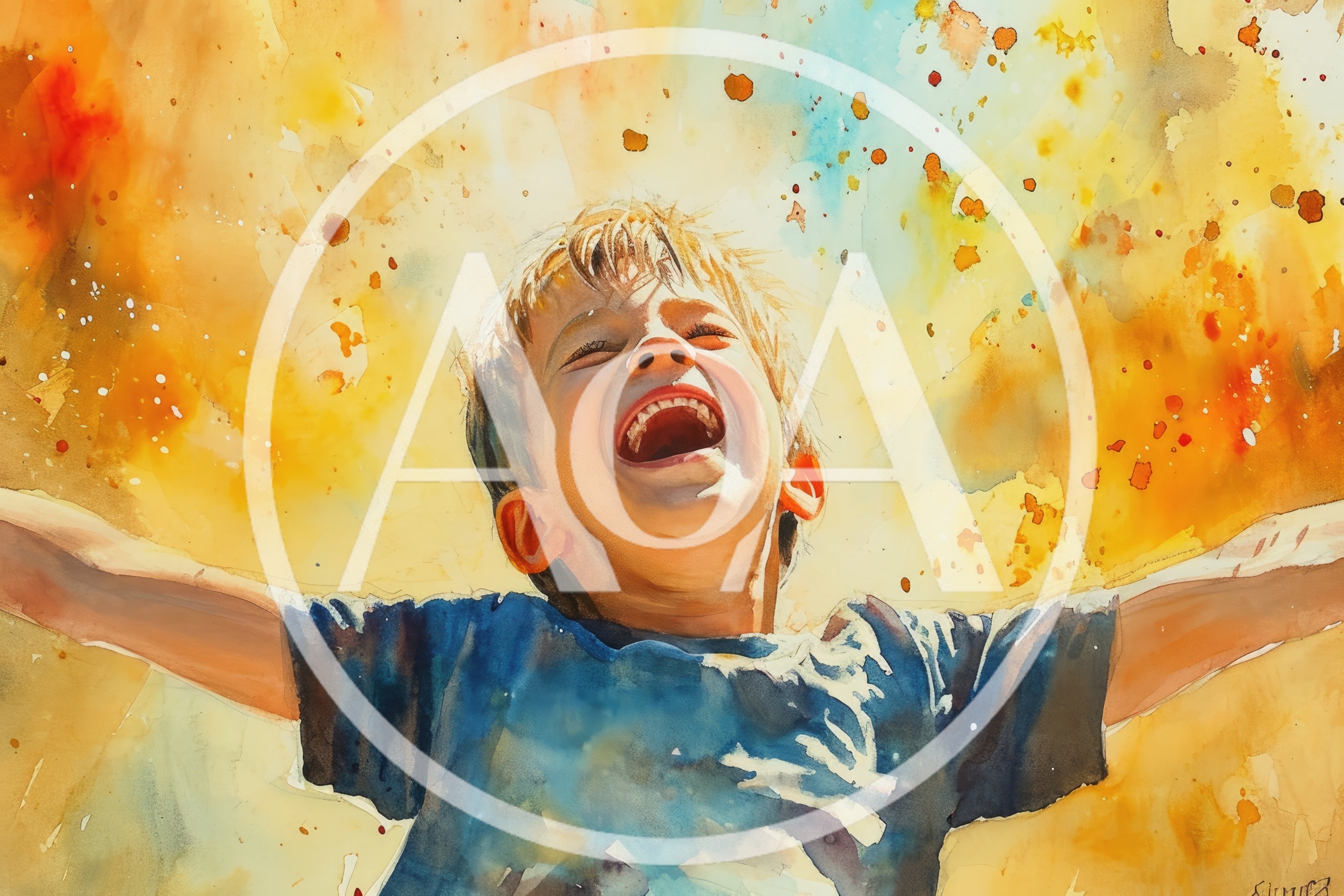 Watercolor Illustration Of A Joyful Boy Laughing