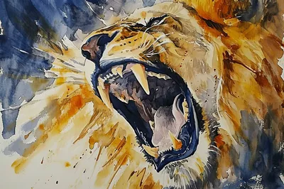 Watercolor Painting Of A Roaring Lion