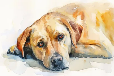 Watercolor Painting Of A Resting Golden Labrador Retriever