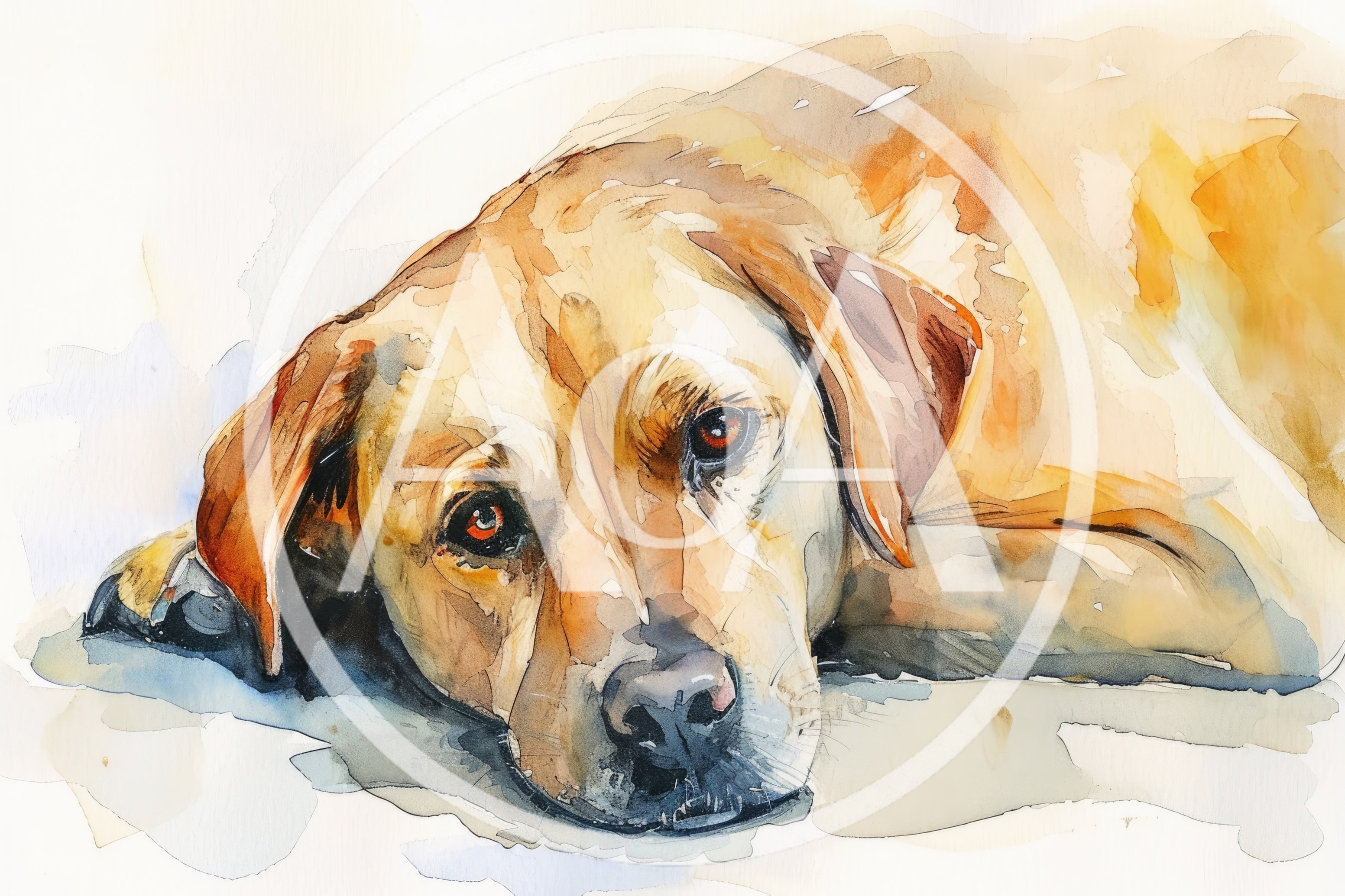 Watercolor Painting Of A Resting Golden Labrador Retriever