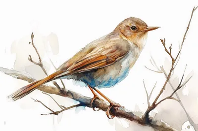 Watercolor Illustration Of A Small Brown Bird On Branch
