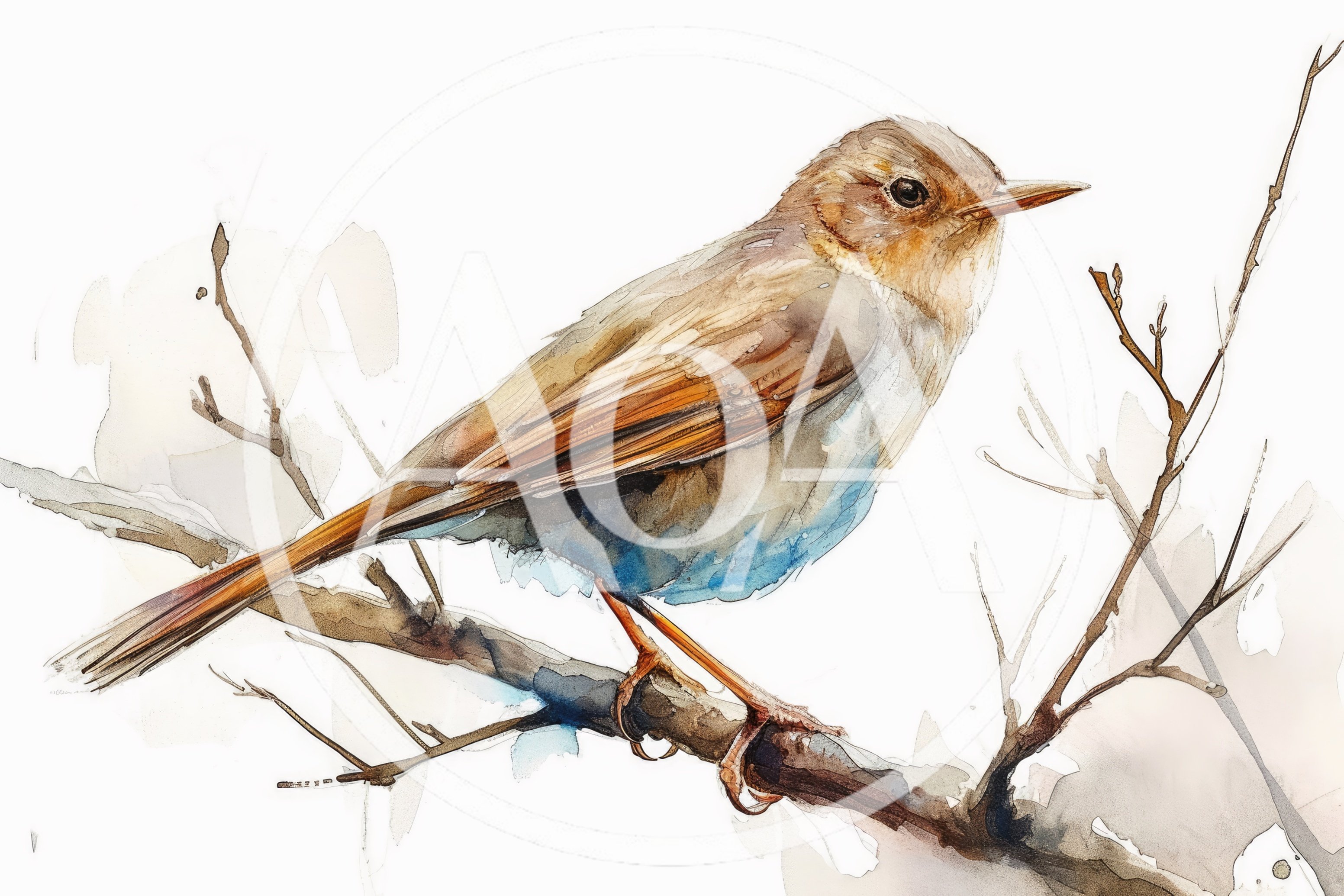 Watercolor Illustration Of A Small Brown Bird On Branch