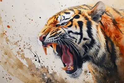 Aggressive Tiger Roaring With Watercolor Splatter Background