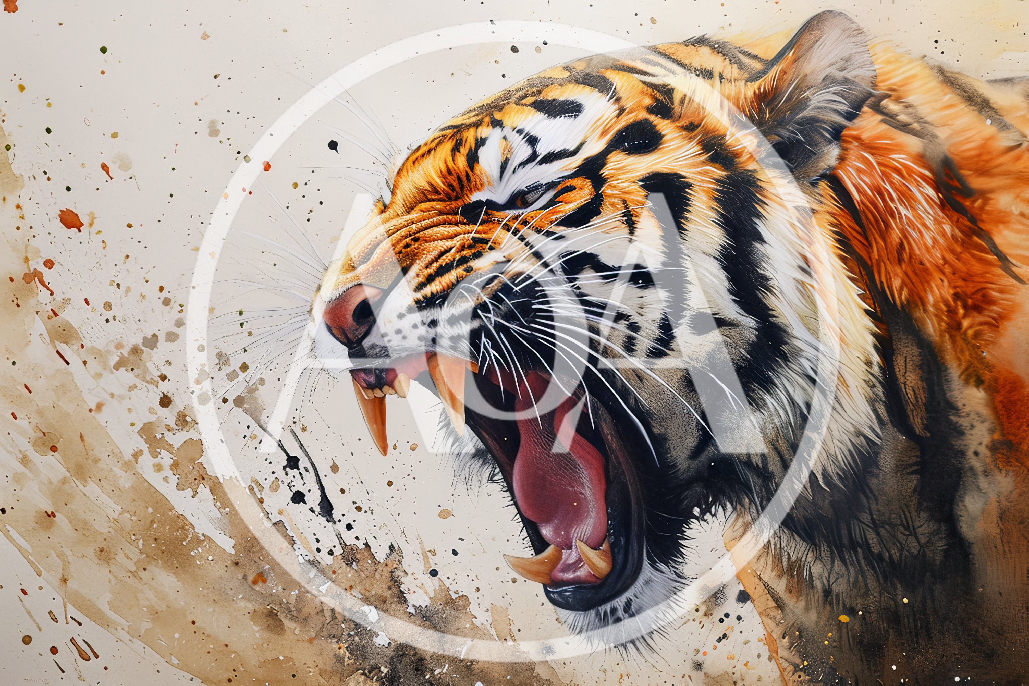 Aggressive Tiger Roaring With Watercolor Splatter Background