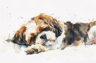 Watercolor Painting Of A Sleeping Shih Tzu Dog