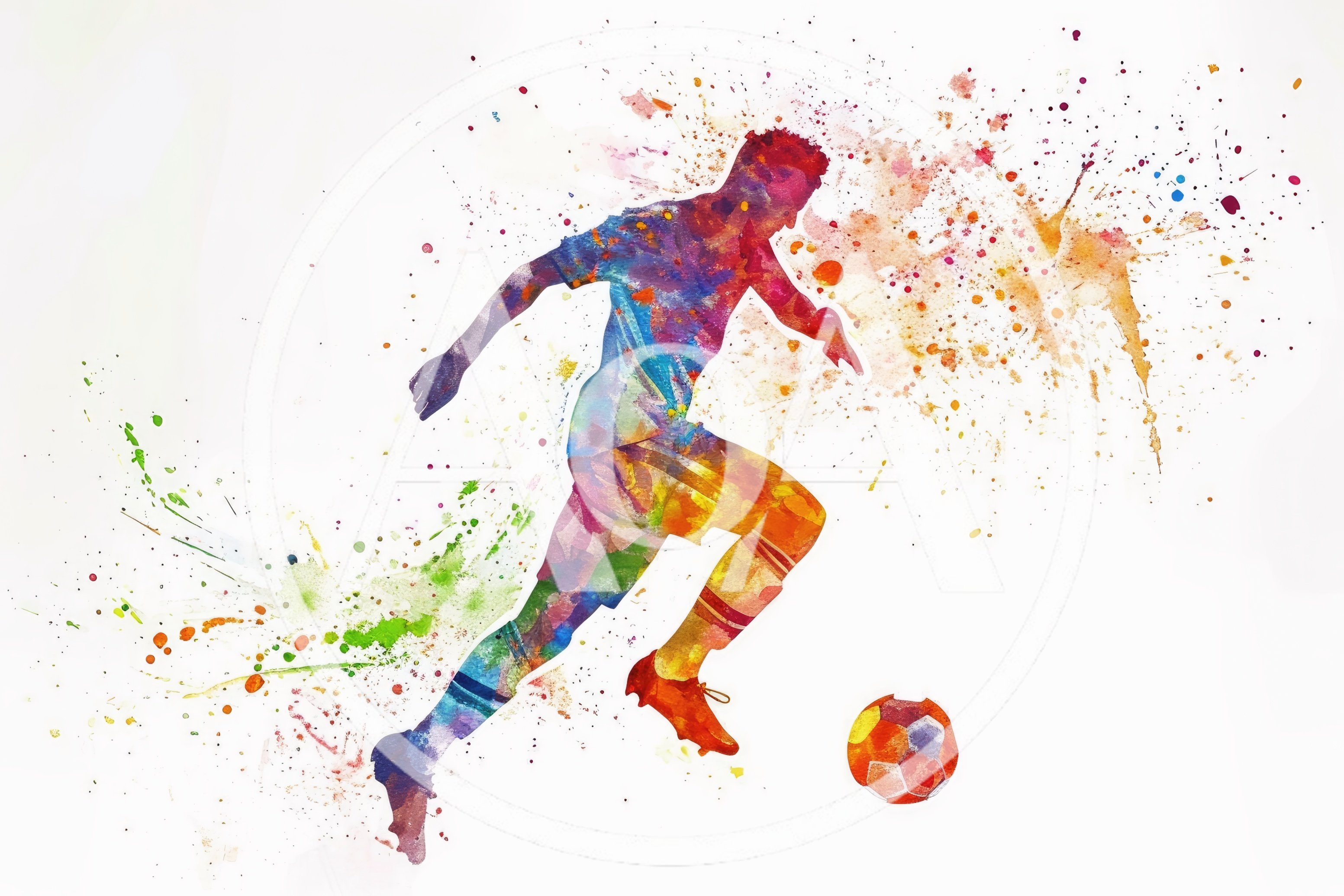 Watercolor Illustration Of A Soccer Player Dribbling
