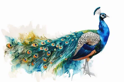 Watercolor Illustration Of A Majestic Peacock