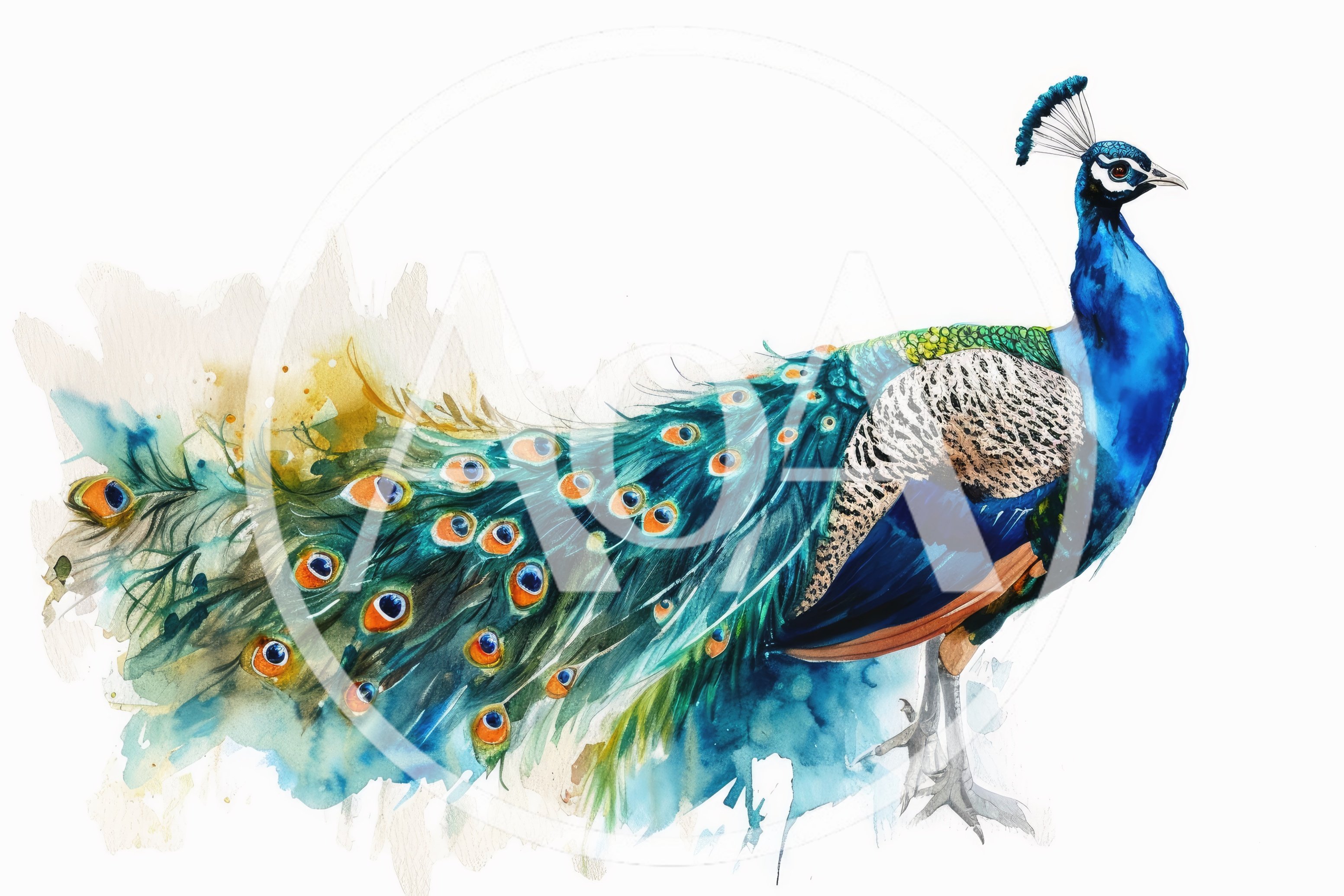 Watercolor Illustration Of A Majestic Peacock