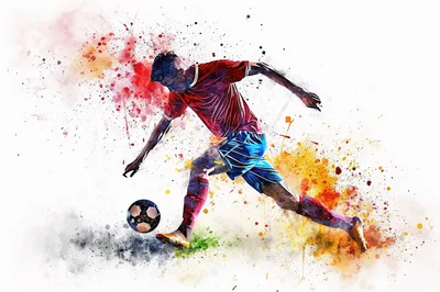 Watercolor Illustration Of A Soccer Player Kicking Ball