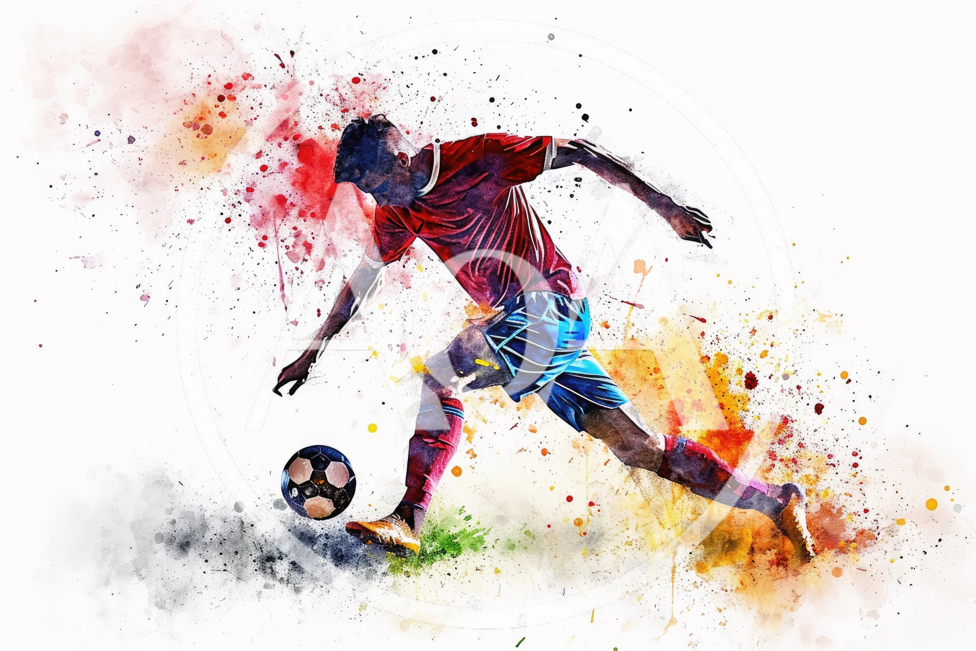 Watercolor Illustration Of A Soccer Player Kicking Ball