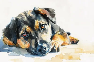 Watercolor Painting Of A Resting Mixed Breed Dog
