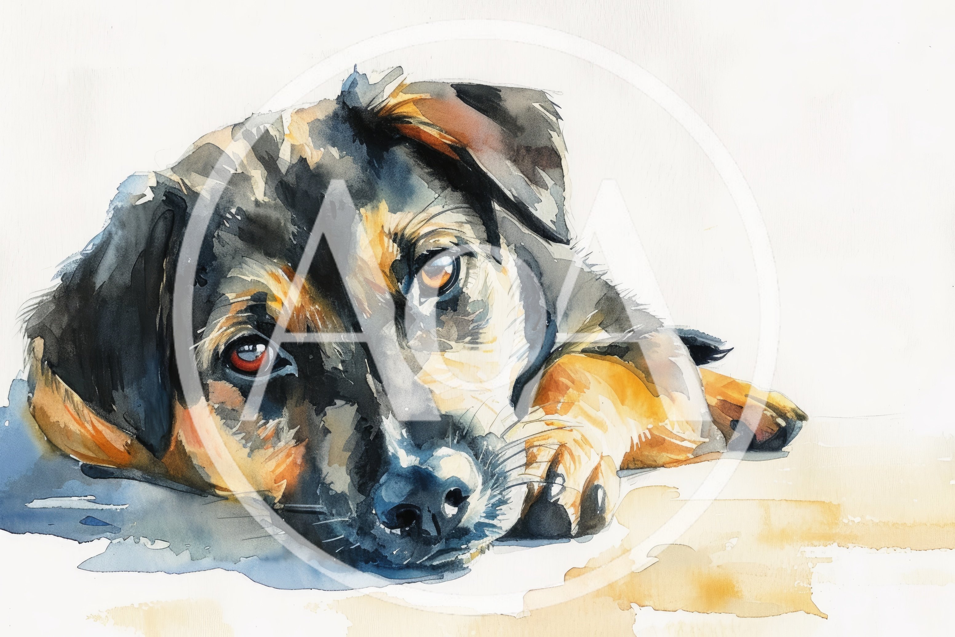Watercolor Painting Of A Resting Mixed Breed Dog