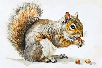 Watercolor Illustration Of A Squirrel Eating A Nut