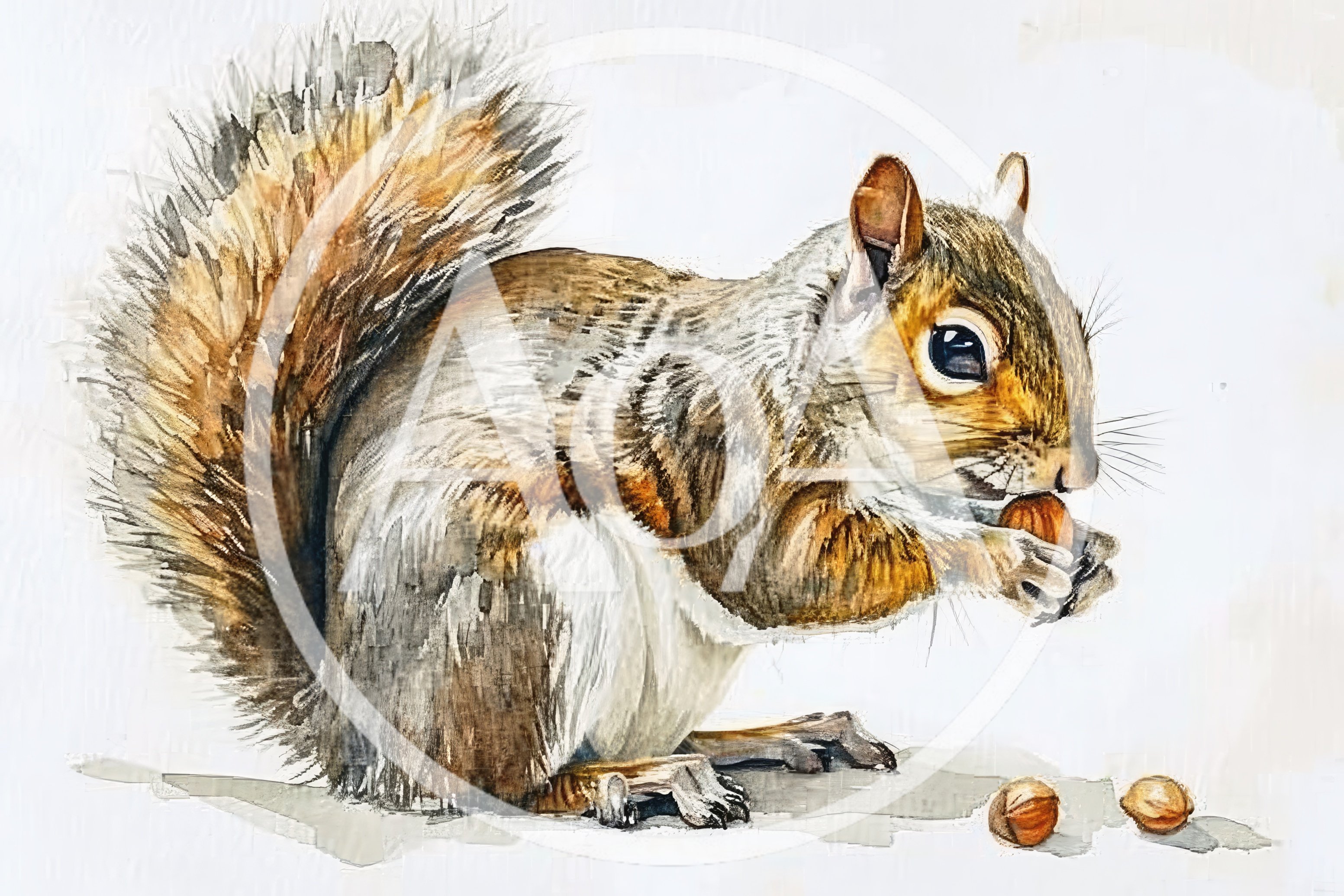 Watercolor Illustration Of A Squirrel Eating A Nut