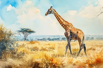 Watercolor Painting Of A Giraffe In The African Savanna