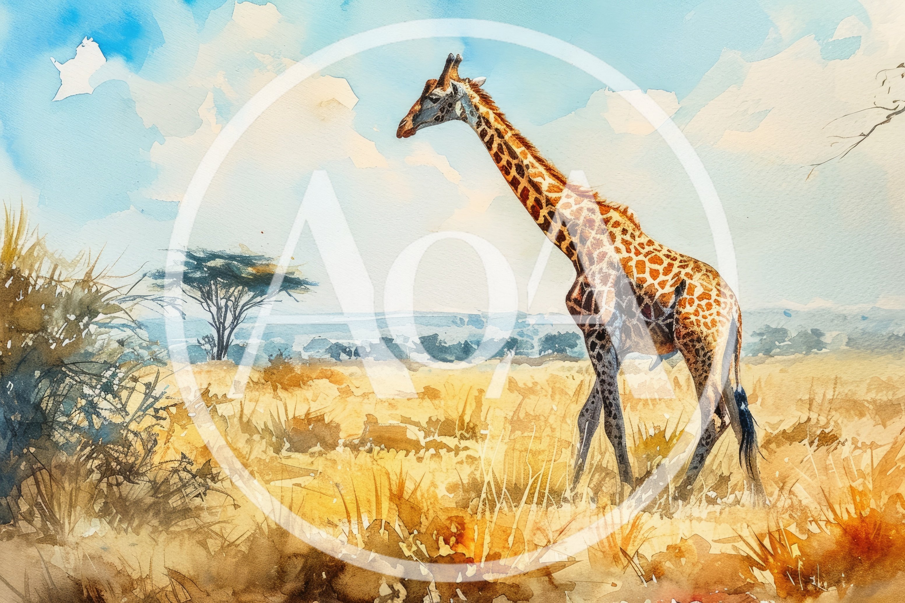 Watercolor Painting Of A Giraffe In The African Savanna