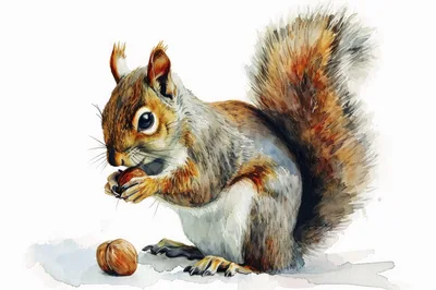 Watercolor Illustration Of A Squirrel Eating A Nut