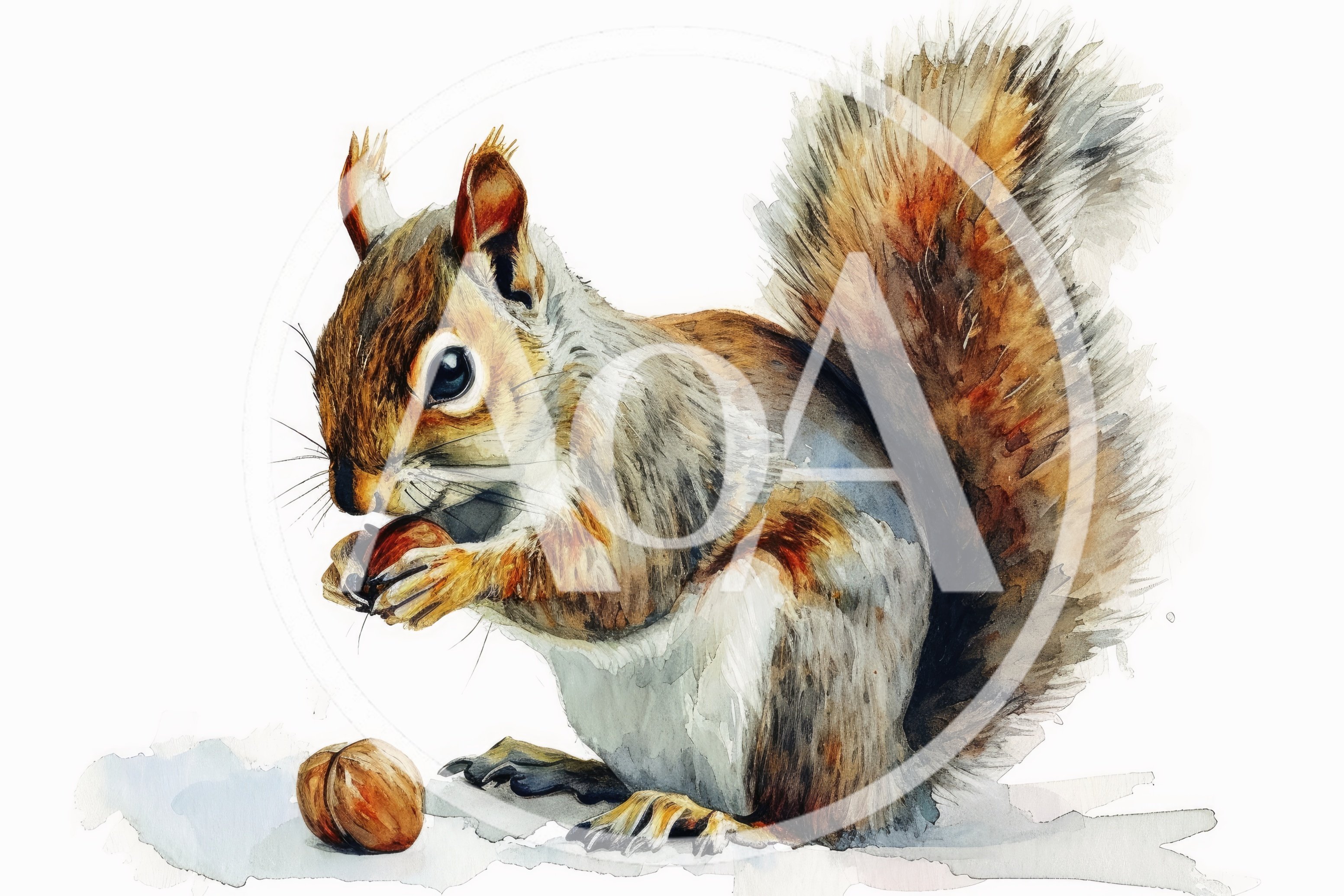 Watercolor Illustration Of A Squirrel Eating A Nut