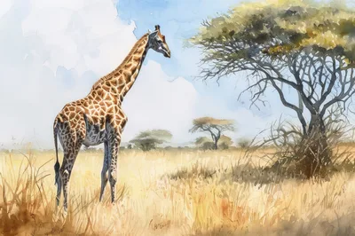 Watercolor Painting Of A Giraffe In The African Savanna