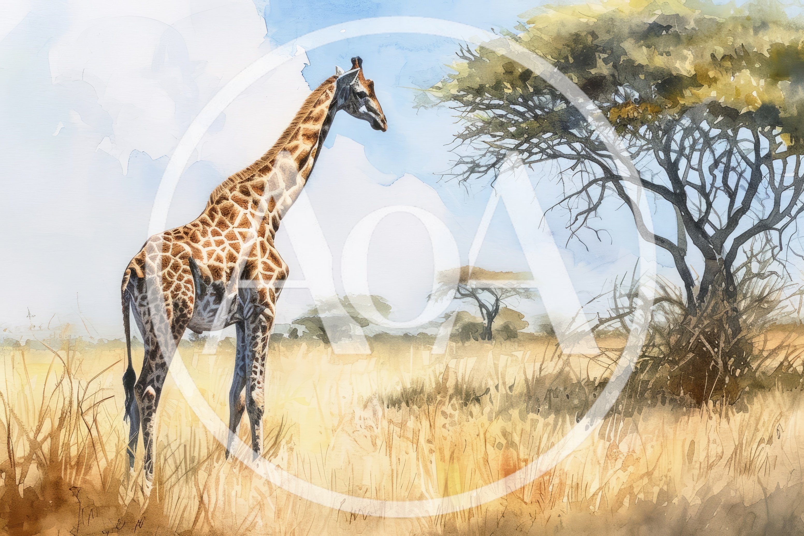 Watercolor Painting Of A Giraffe In The African Savanna
