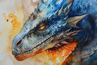 Watercolor Painting Of A Detailed Blue Dragon Head