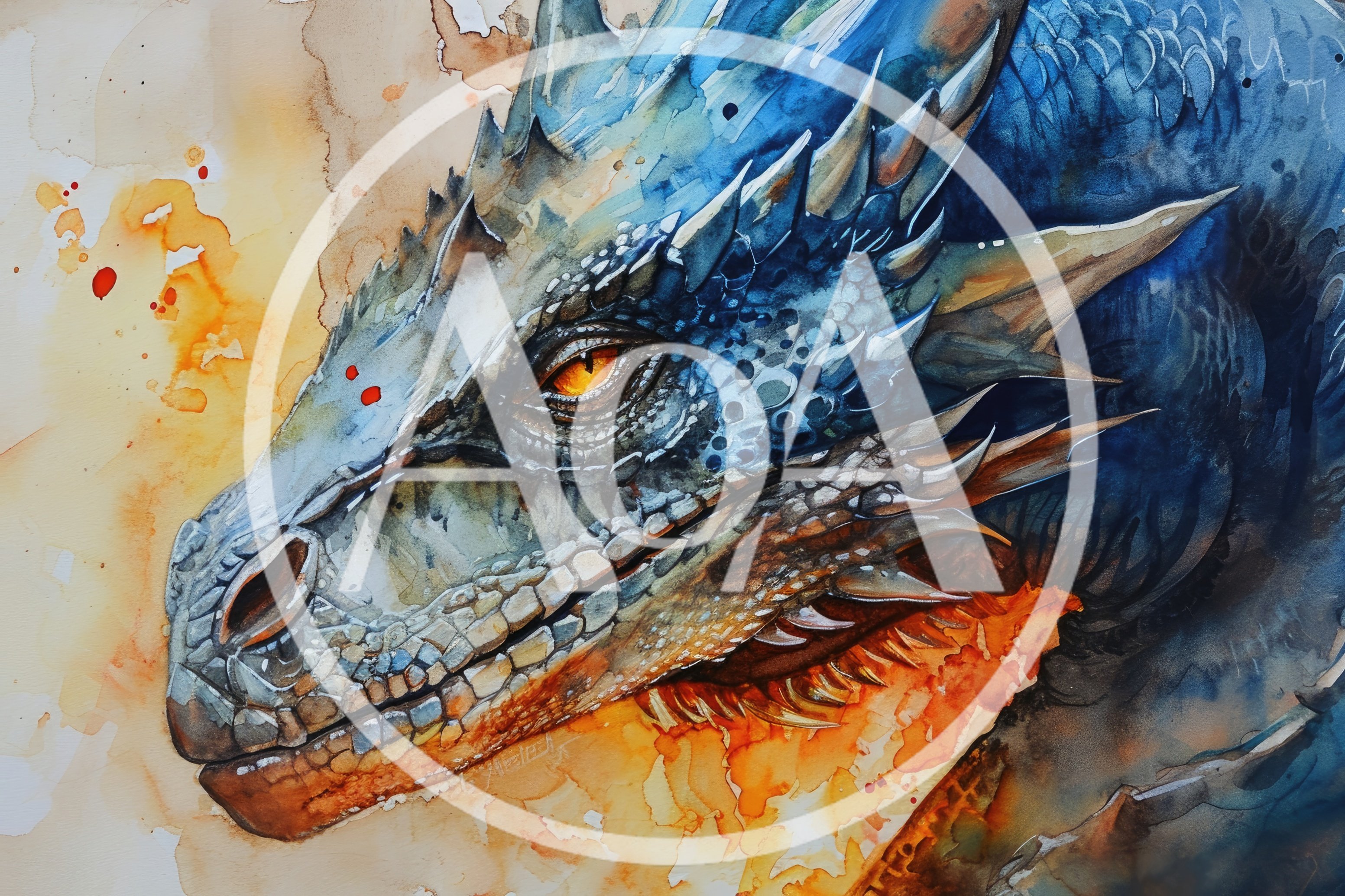 Watercolor Painting Of A Detailed Blue Dragon Head