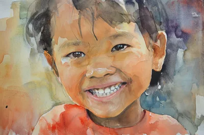 Watercolor Portrait Of A Smiling Young Child