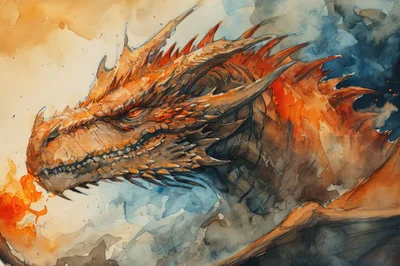 Watercolor Illustration Of A Fierce Fire Breathing Dragon