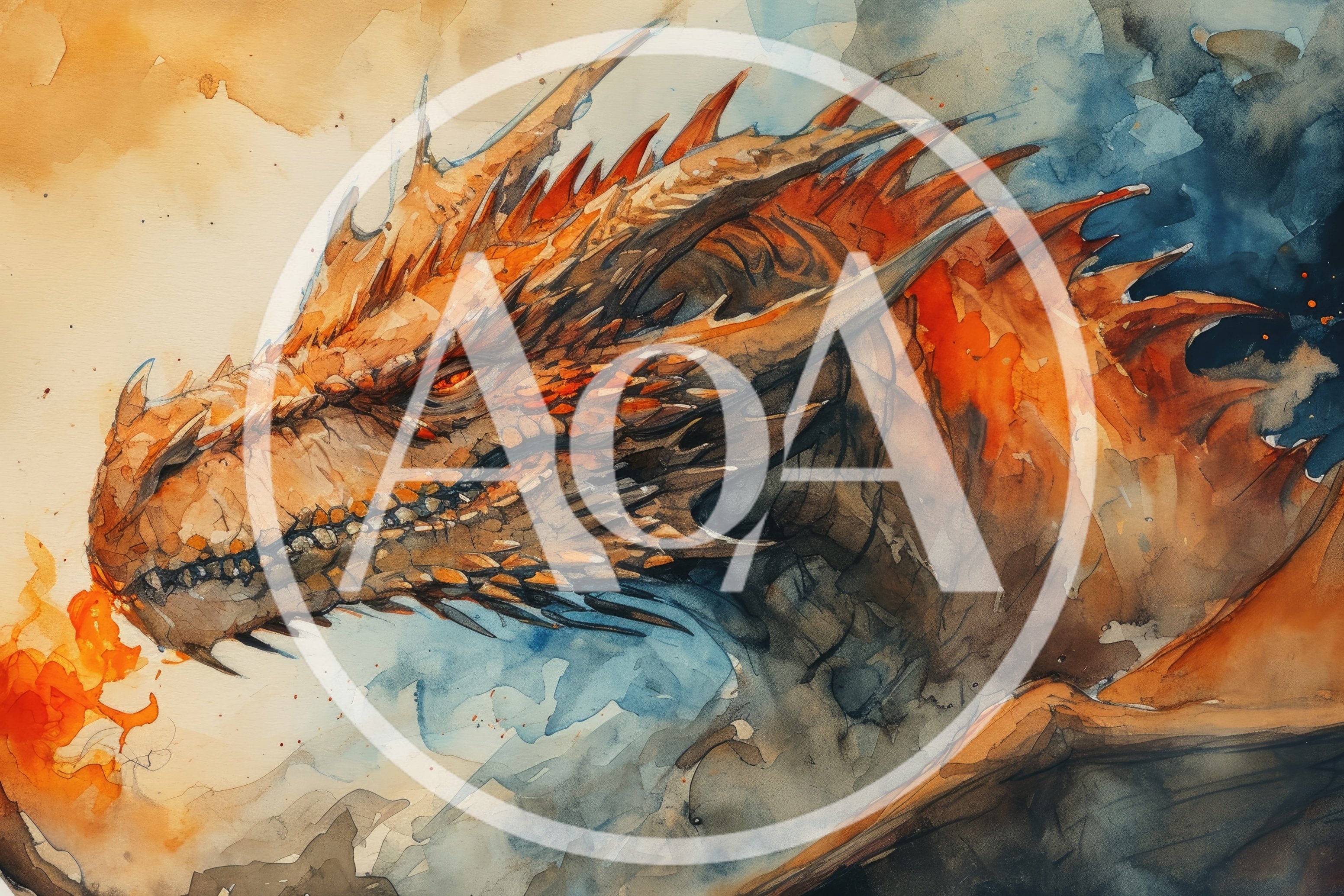Watercolor Illustration Of A Fierce Fire Breathing Dragon