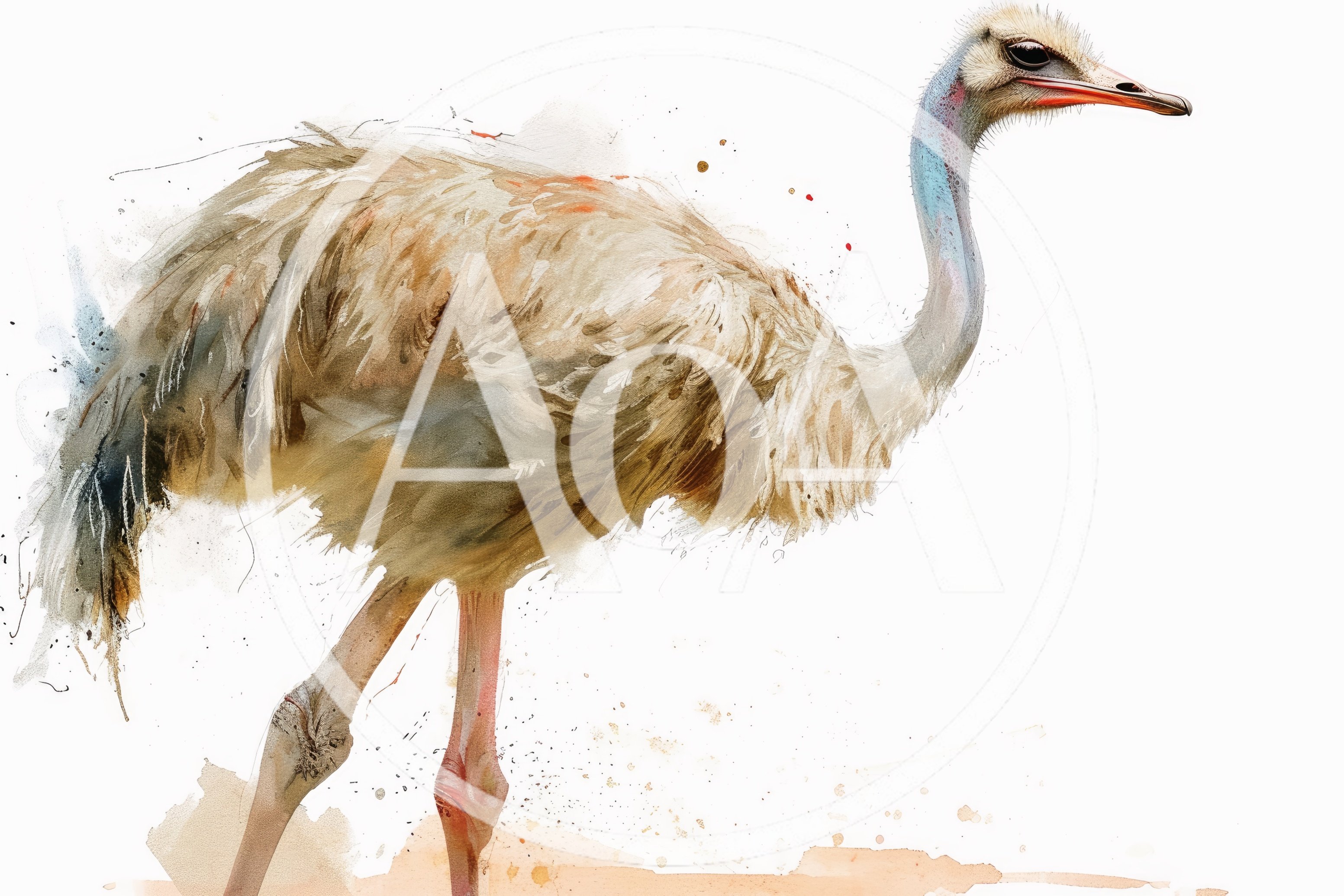 Watercolor Illustration Of A Standing Ostrich