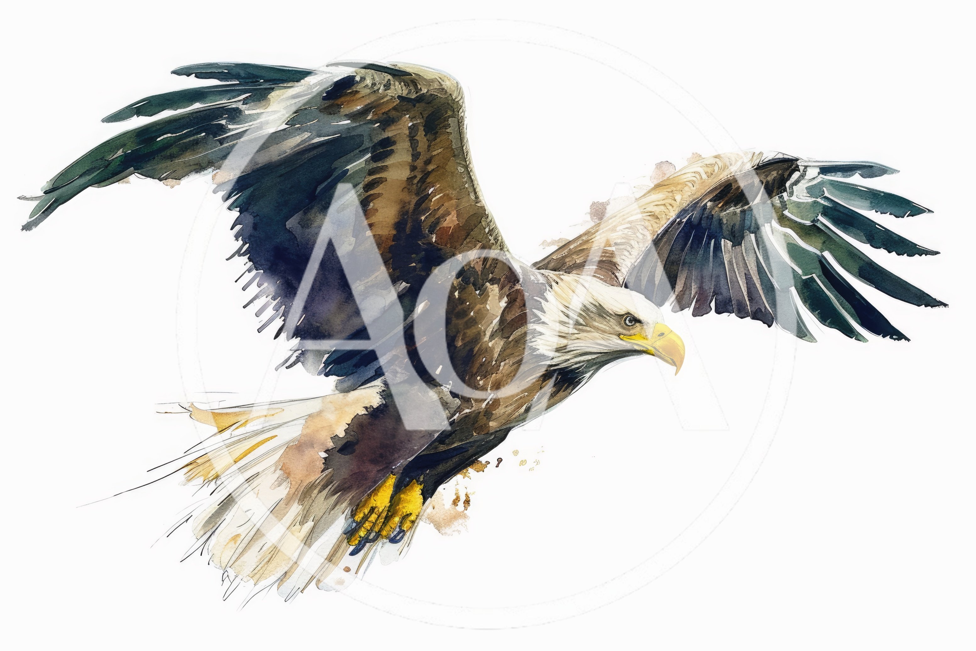 Watercolor Painting Of A Bald Eagle In Flight